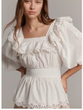 Maeve White Lace-Trim Peasant Top